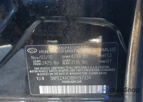 2011 Hyundai Sonata Se z USA, uszkodzony, nr VIN 5NPEC4AC9BH197334